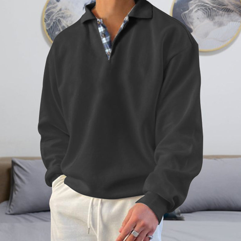 Ensfarvet polosweater med ternet halskrave (Herre)