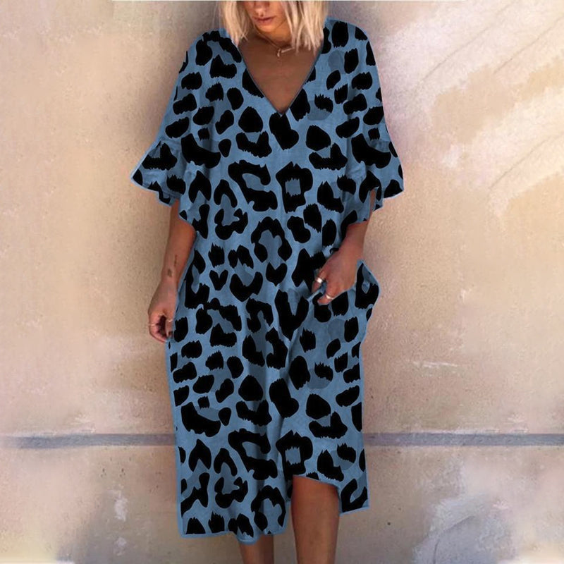 V-hals løs kjole med leopardprint