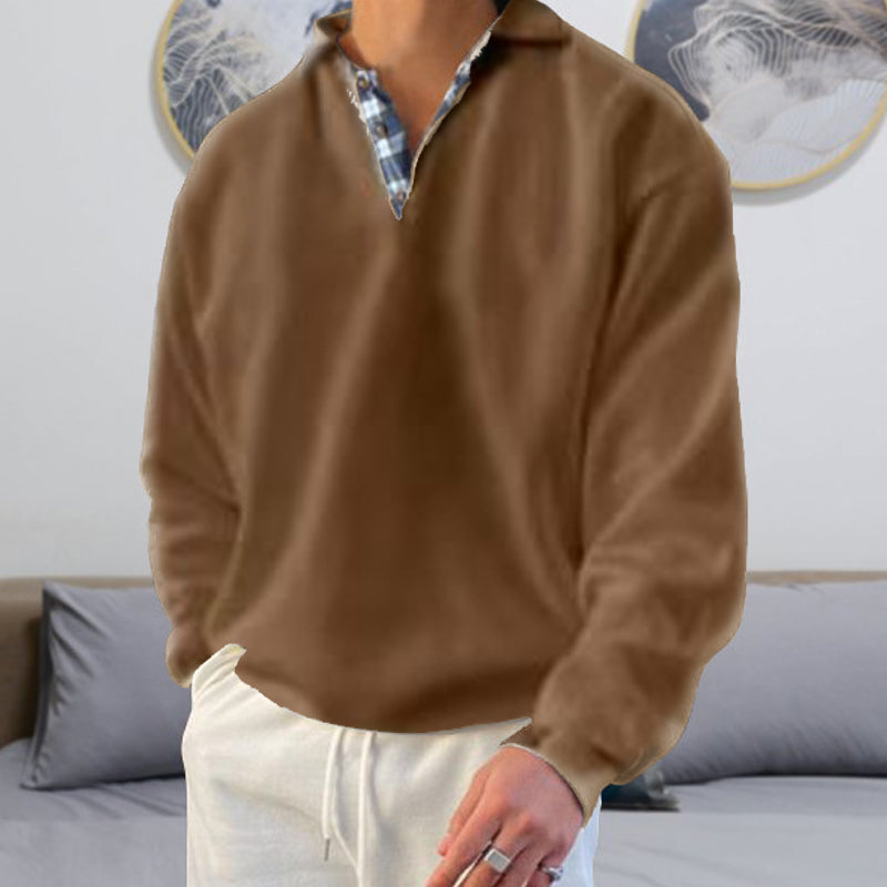 Ensfarvet polosweater med ternet halskrave (Herre)