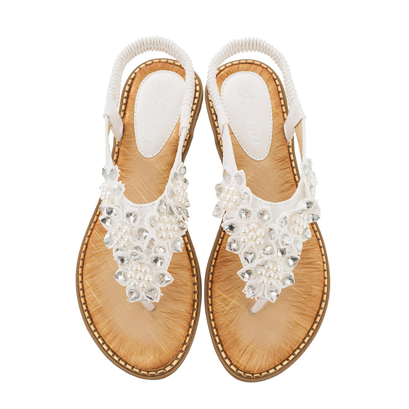 Boho håndlavede blomstrede runde tå sandaler med lange tæer