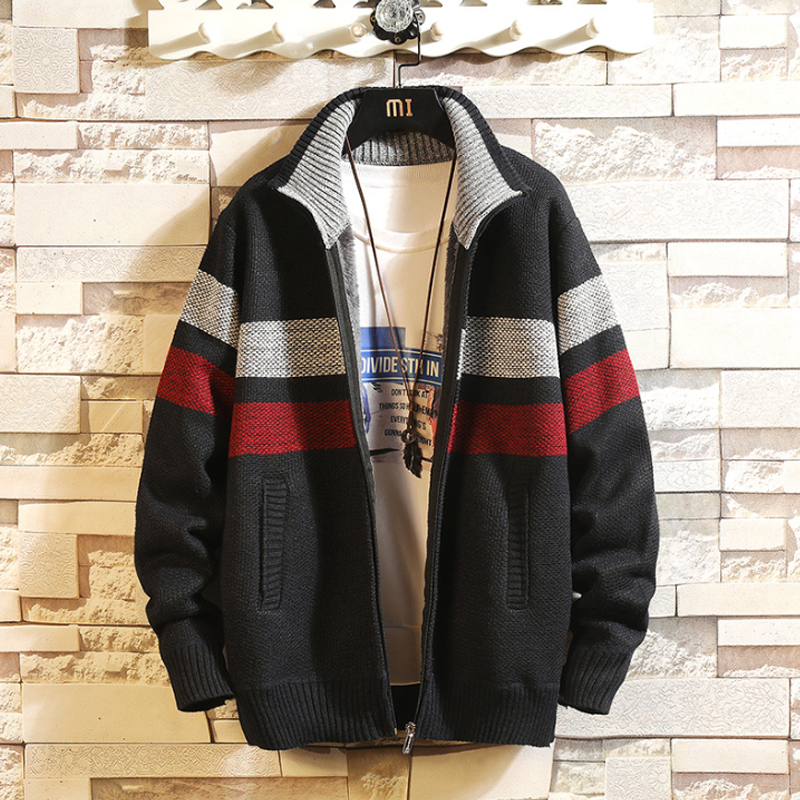 Cardigan til mænd med fuld lynlås med fleece og strikket sweater