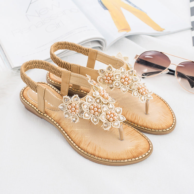 Boho håndlavede blomstrede runde tå sandaler med lange tæer