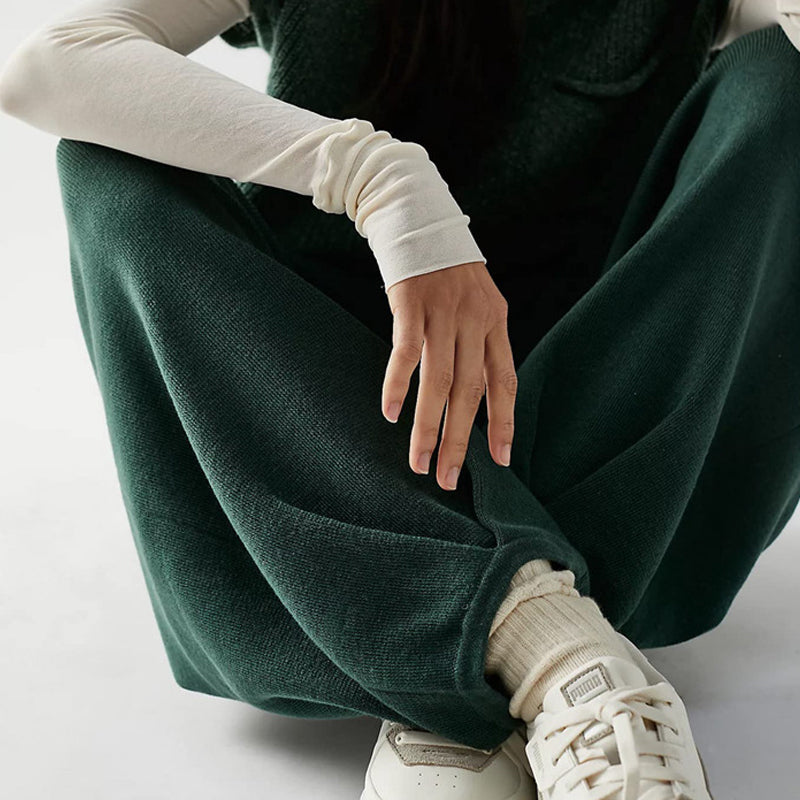 To-delt ensfarvet striksweatersæt (Dame)