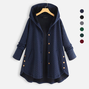 Vintage ensfarvet afslappet hættefrakke med lange ærmer