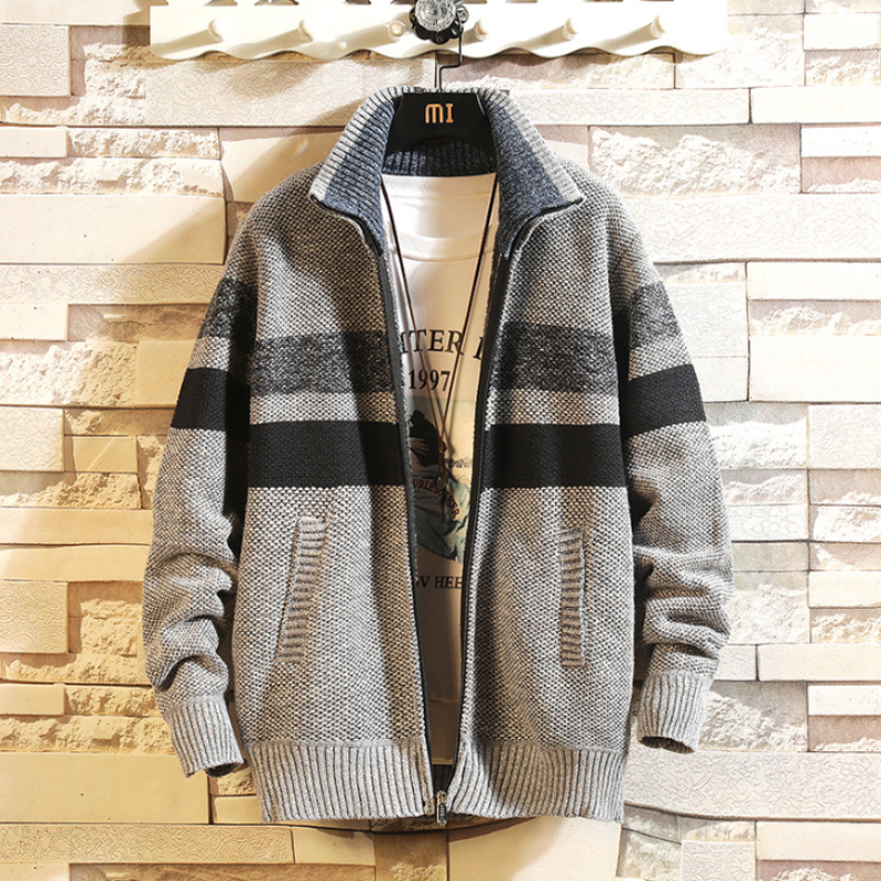 Cardigan til mænd med fuld lynlås med fleece og strikket sweater
