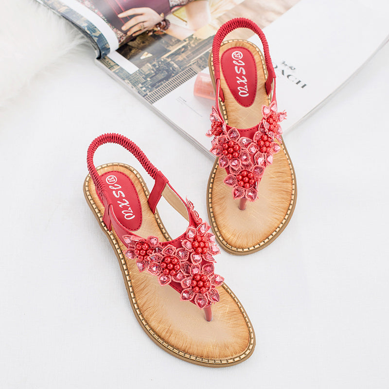 Boho håndlavede blomstrede runde tå sandaler med lange tæer