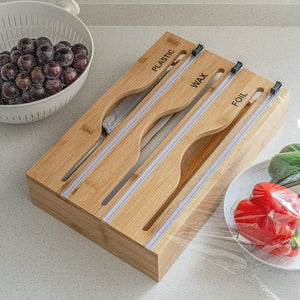 Vægmonteret plastikfolieskærer i træ