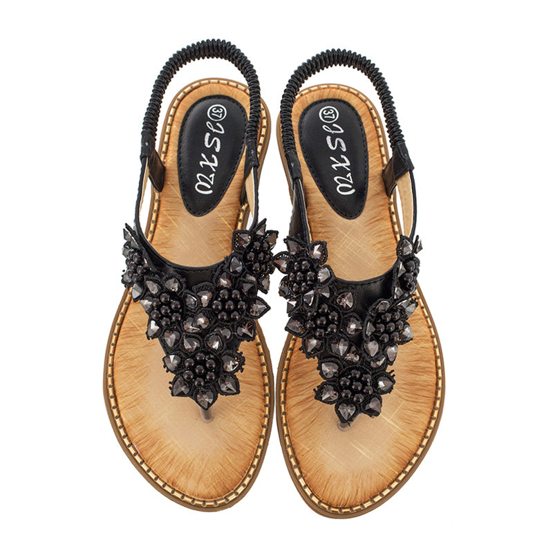 Boho håndlavede blomstrede runde tå sandaler med lange tæer