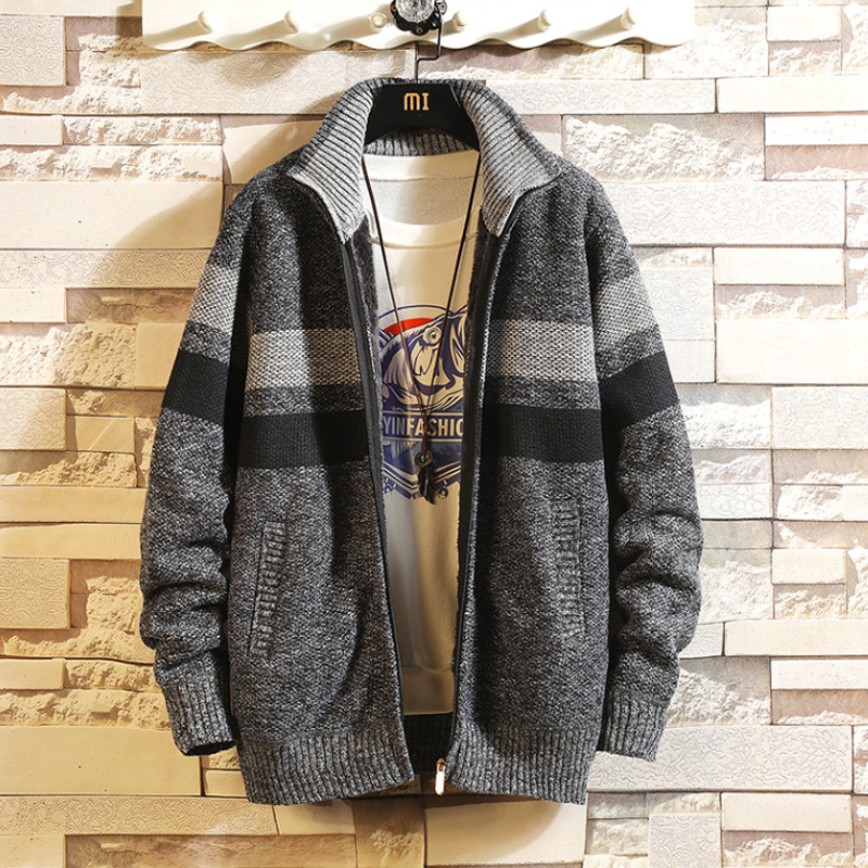 Cardigan til mænd med fuld lynlås med fleece og strikket sweater