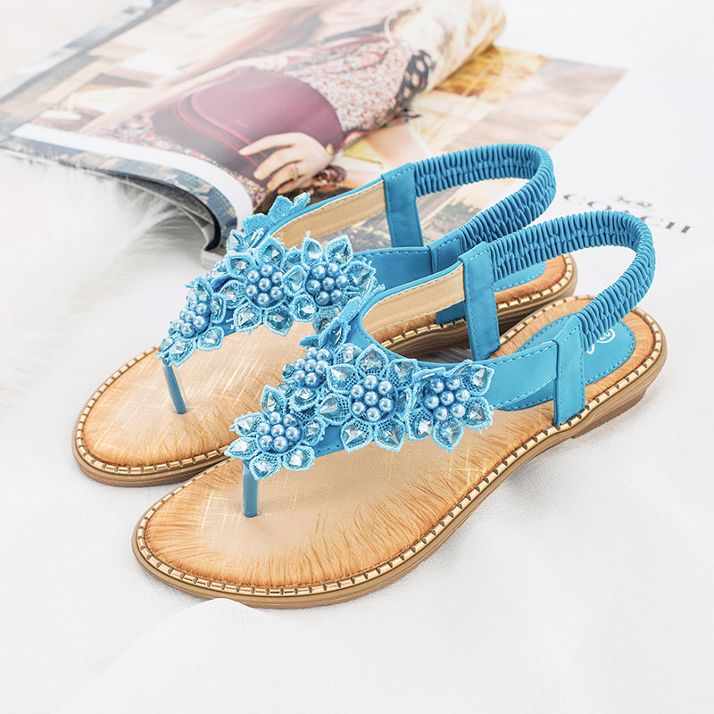 Boho håndlavede blomstrede runde tå sandaler med lange tæer