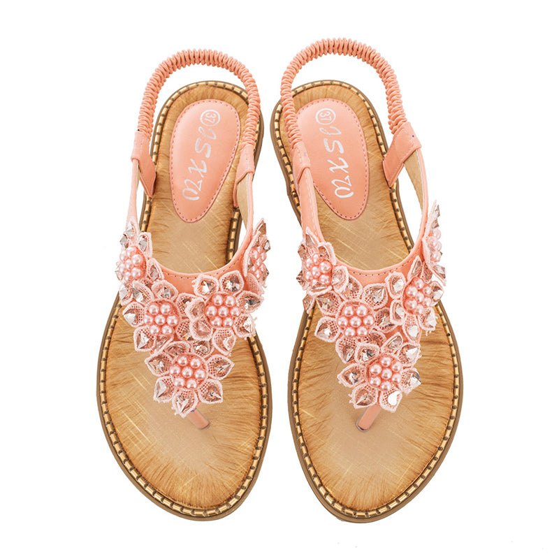 Boho håndlavede blomstrede runde tå sandaler med lange tæer
