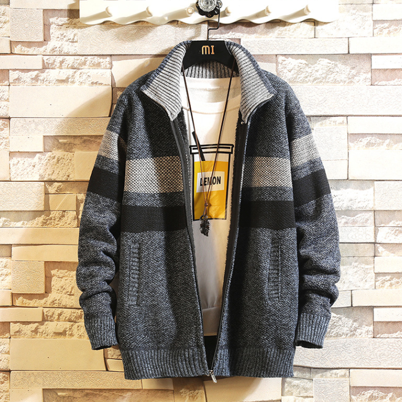 Cardigan til mænd med fuld lynlås med fleece og strikket sweater