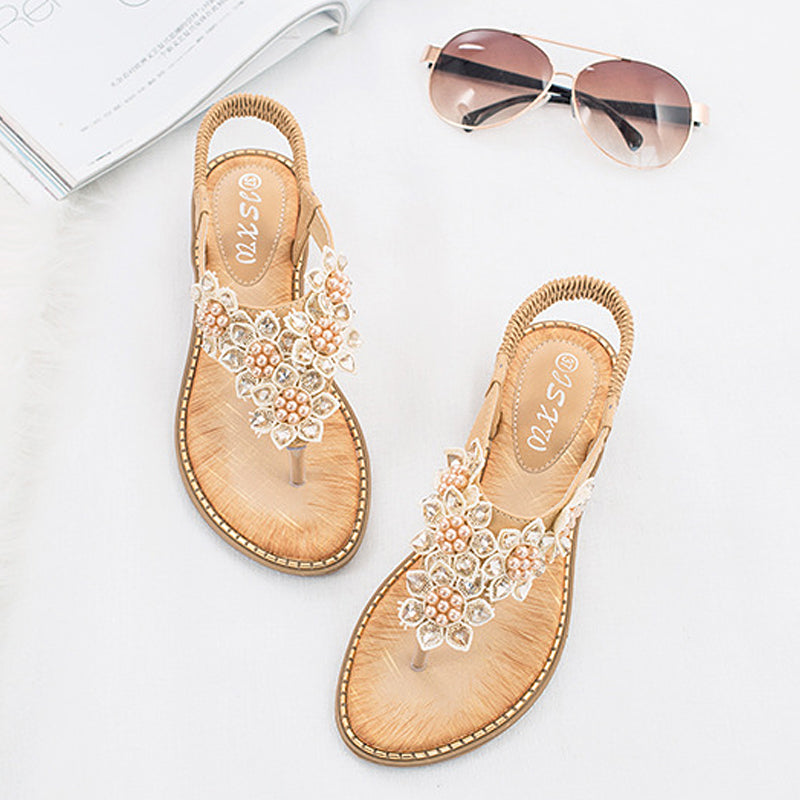 Boho håndlavede blomstrede runde tå sandaler med lange tæer