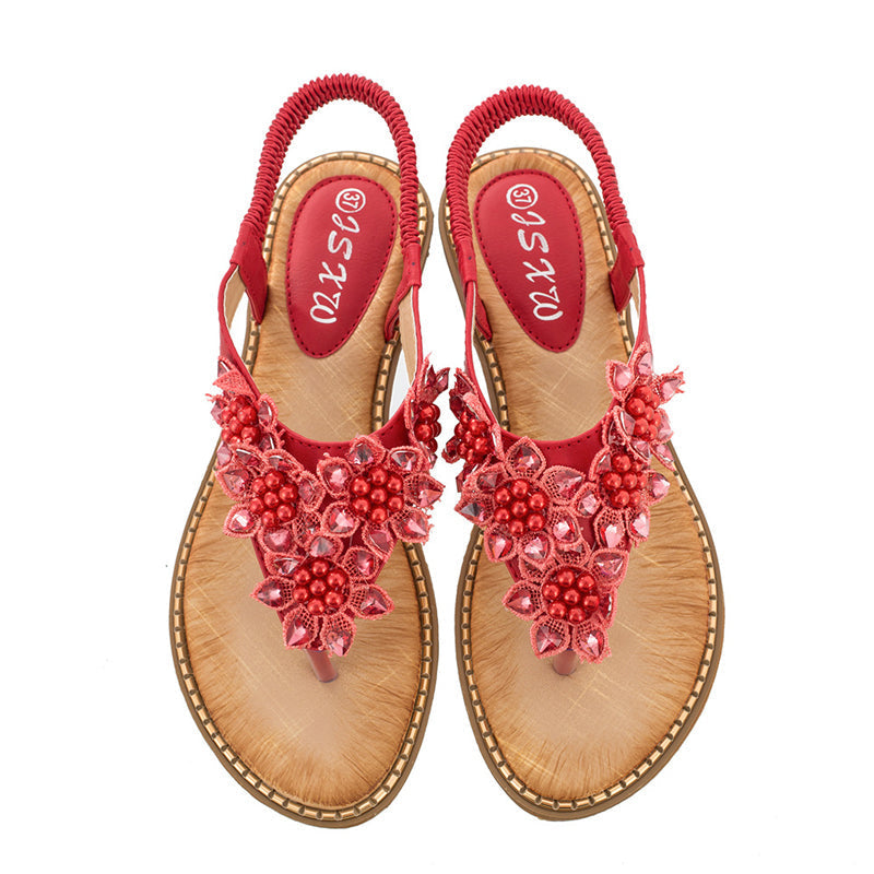 Boho håndlavede blomstrede runde tå sandaler med lange tæer
