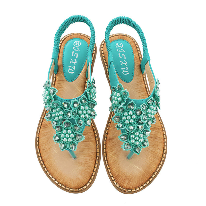 Boho håndlavede blomstrede runde tå sandaler med lange tæer