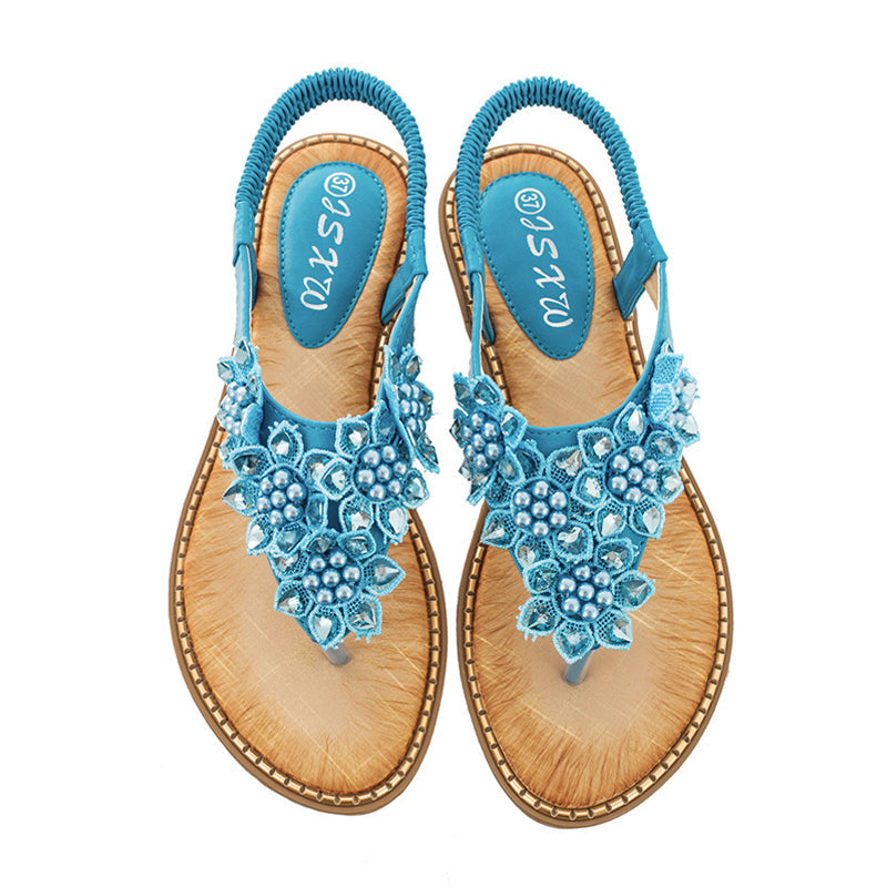 Boho håndlavede blomstrede runde tå sandaler med lange tæer