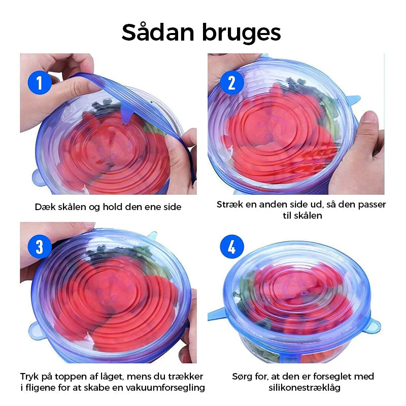 Strækbart silikonelåg til mad, 6 stk.