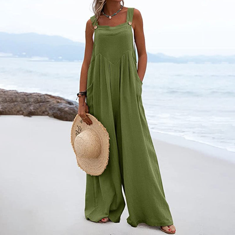 Ensfarvet jumpsuit med brede ben og knapper