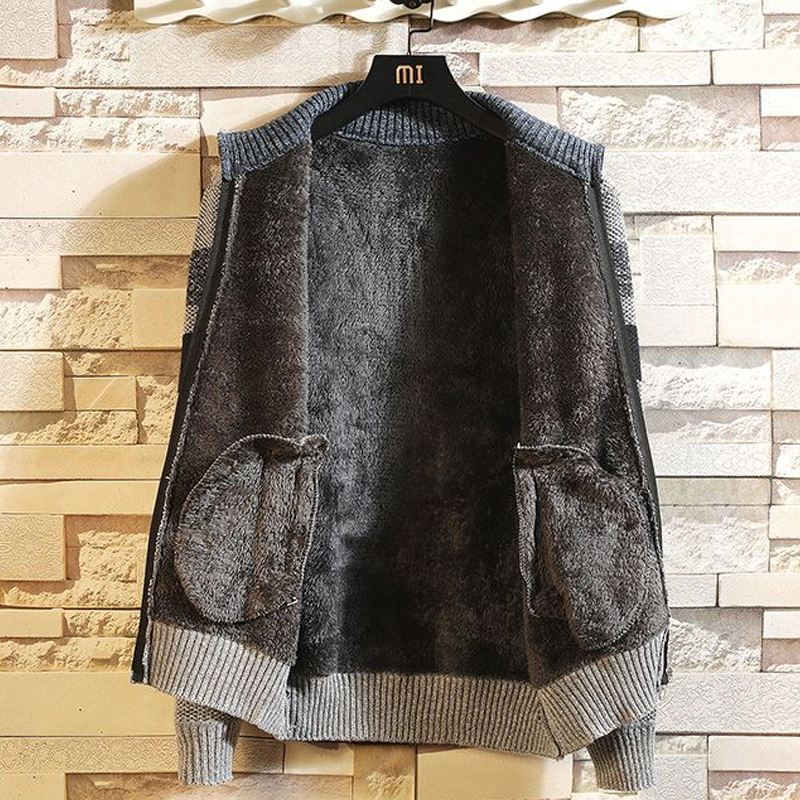 Cardigan til mænd med fuld lynlås med fleece og strikket sweater