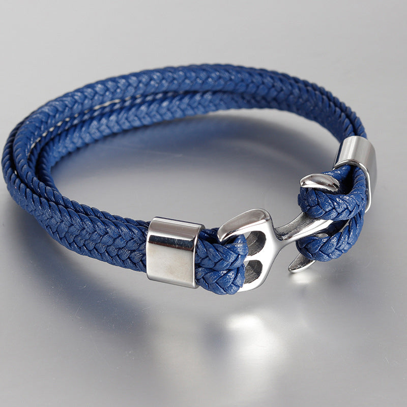 Læderarmbånd med anker i rustfrit stål