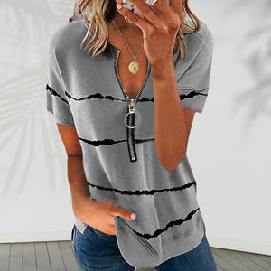 Short-sleeved T-shirt with V-neck and zipper