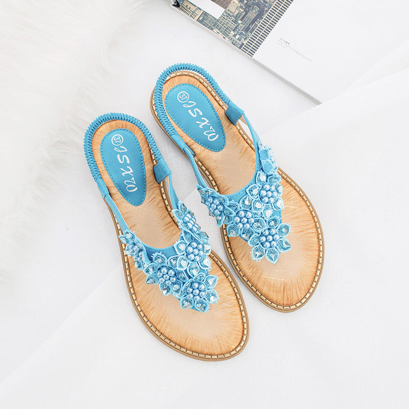 Boho håndlavede blomstrede runde tå sandaler med lange tæer