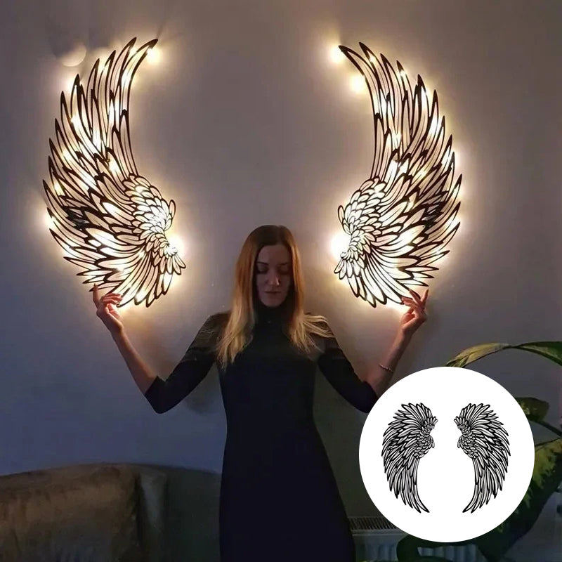 Sorte englevinger LED vægdekoration i metal