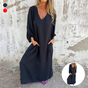 Forudbestilling > V-halset ensfarvet kjole i løs pasform med lanterneærmer